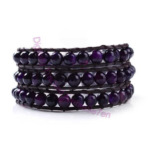 Three Row Beaded Wrap Bracelet - Dark Amethyst